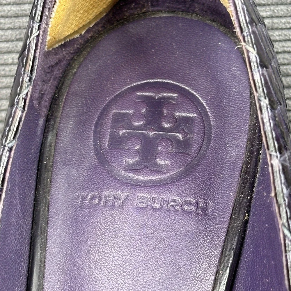 Tory Burch Purple Snakeskin Embossed Studded Patent Toe Platform Pumps Size 8.5M
